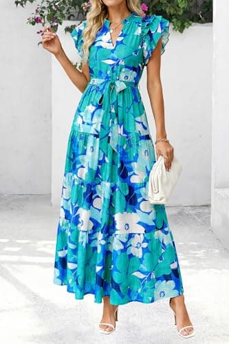 dowerme Women Summer Maxi Dresses 2026 Ruffle Sleeve V Neck Floral Boho Long Dress Belted Tiered Sundress with Pockets(Floral Blue Green,Large) - Thumbnail 6