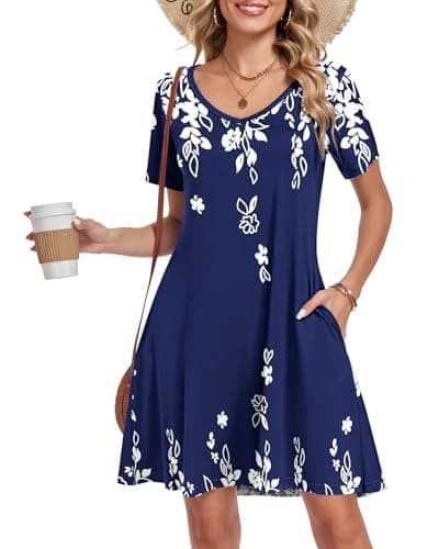 AUSELILY Summer Dresses for Women Short Sleeve V Neck Tshirt Swing Floral Vacation Beach Mini Dress with Pockets 2026 Navy Blue White Floral 3XL - Thumbnail 2