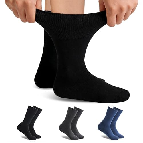 Forcool 3 Pairs Merino Wool Diabetic Socks for Women Men Non Binding Loose Top Non Blister Cushion Diabetes Crew Socks with Seamless Toe, Medium Black/Navy Blue/Dark Gray - Image 1