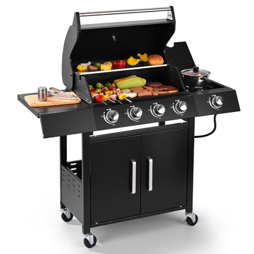 RYHOFOUD Q043-4-Burner w/Side Burner Gas Grill with 292 SQ.IN. Outdoor Grill with 44,000 BTU,Propane Grills with Top Cover Lid,Grills Outdoor Cooking for Patios,Camping,Balcony,Garden - Image 1