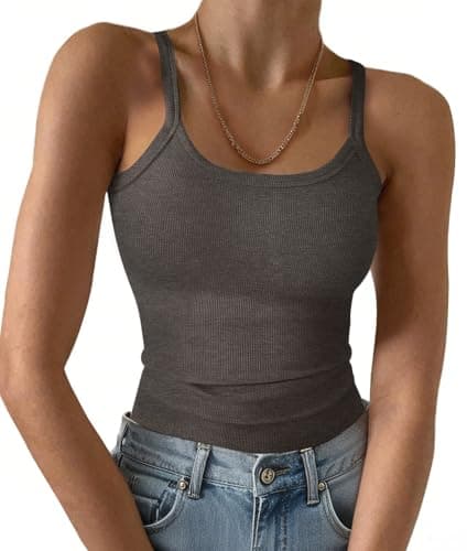 GKBK Women Spaghetti Strap Scoop Neck Ribbed Tank Tops Slim Fitted Camisole Sleeveless Basic Cami Shirts Summer Blouse Dark Grey XL - Image 1