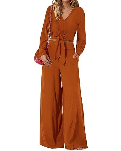 PRETTYGARDEN Women's 2 Piece Outfits 2026 Spring Fashion V Neck Long Sleeve Strappy Crop Top Wide Leg Pant Lounge Sets(Brown Orange,X-Large) - Image 1
