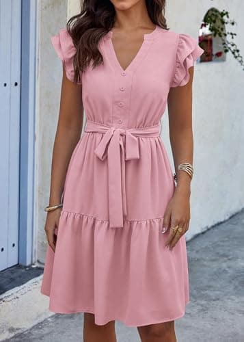 KIRUNDO Summer Dresses for Women 2026 Spring Flutter Sleeve V Neck Ruffle Flowy Tiered Knee Length Beach Vacation Sundress(Pink, Small) - Thumbnail 5
