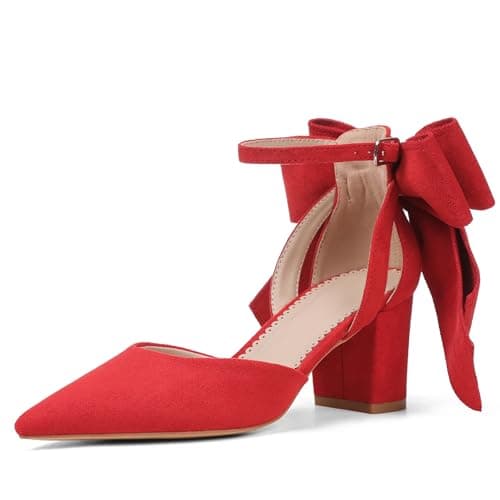 Yremael Women's Red Pointed Toe Pumps Bow Ankle Strap Chunky High Heels Dress Wedding Shoes - Image 1