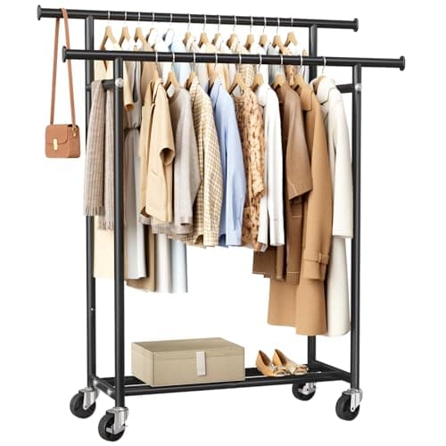 HYSEYY Clothes Rack, Double Rods Rolling Clothing Rack for Hanging Clothes, Portable Garment Rack with Wheels, Coat Rack Wardrobe Closet Load 240 LBS for Bedroom Laundry Room, Black - Image 1