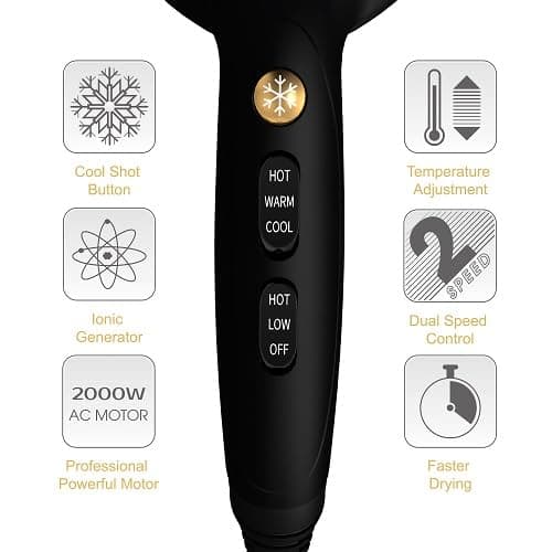 JINRI Hair Dryer, 2000W, 3 Heat & 2 Speed, Detachable Air Intake, with Diffuser, with Concentrator, Hanging Strap, Non-Foldable, Black - Thumbnail 2