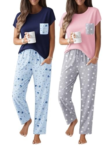 Ekouaer 2 Packs Pajamas for Women Set Cap Sleeve Top and Pants Soft Sleepwear Comfy Pjs Set with Pockets Loungewear - Image 1
