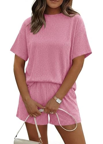 KIRUNDO Two Piece Sets for Women Dressy Casual Ribbed Knit Short Sleeve Top Matching Shorts Lounge Set 2026 Summer Outfits(Pink, Large) - Image 1