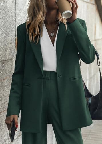 KIRUNDO Women Suits 2 Piece Set Business Casual Dressy Oversized Blazer Jacket and Wide Leg Dress Pantsuits Formal Outfits(Dark Green, XX-Large) - Thumbnail 3