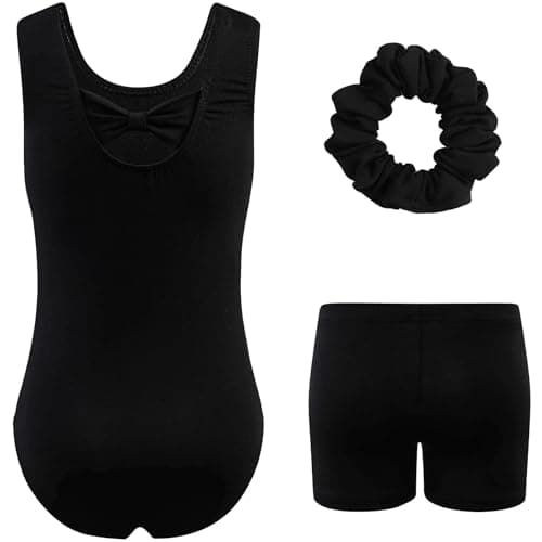 HOZIY Gymnastics Leotard Sparkly Dance Unitard Black Soild Color Sleeveless Biketards Leotard with Shorts Scrunchie Sparkle Activewear Size 8-9 - Thumbnail 2