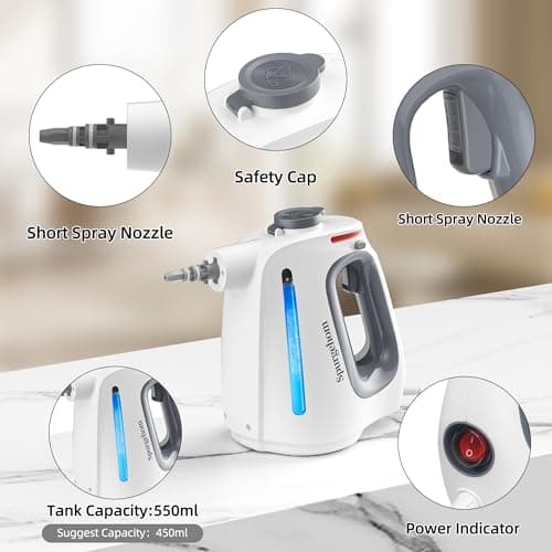 Spurgehom 1350W Handheld Steam Cleaner with 15-Pc Accessories(including mop) & 550ML Tank – 3Bar Dirty-Free Steamer for Floors, Cars, Upholstery, and Multi-Surface Home Cleaning - Thumbnail 4