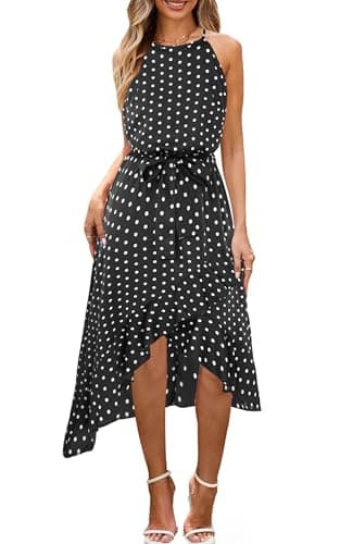 ECOWISH Polka Dot Women Summer Dress Midi A Line Ruffle High Low Sleeveless Boho Floral Halterneck Cocktail Tie Knot Sundress Black Large - Image 1
