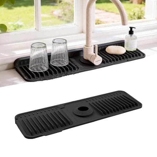 ZJWZLG Faucet Mat for Kitchen Sink, 17.7"X5.5" Silicone Sink Splash Guard with Soap Holder, Snap-On Design & 7°slope Fast Drain, Folding Sink Faucet Mat for Universal Kitchen Bathroom Sink（Black） - Image 1