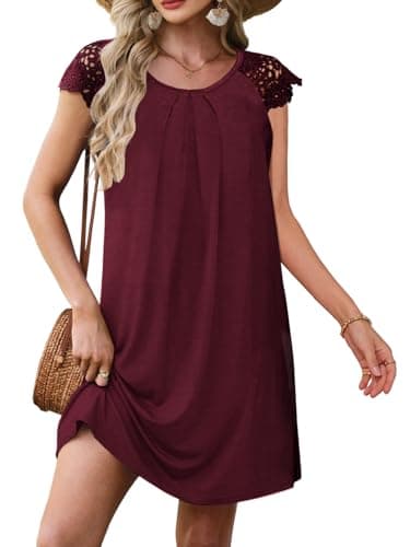 UNCLECAT Summer Dresses for Women Casual Lace Crochet Sleeves T Shirt Pleated Crewneck Tunic Dress Burgundy - Image 1