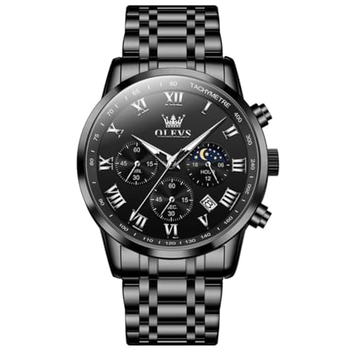 OLEVS Watch Men Luxury Black Watches for Men Dress Luminous Waterproof Analog Quartz Mens Watches with Date Fashion Stainless Steel Large Face Chronograph Moon Phase Classic Wrist Watch for Man