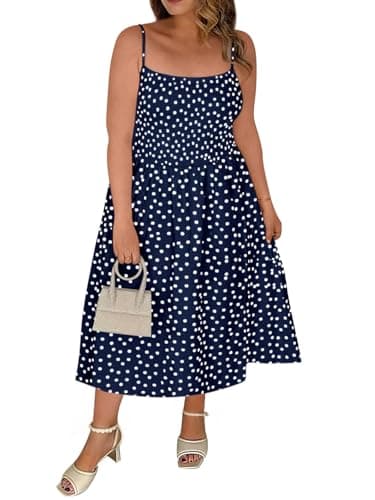 Beautife Women's Plus Size Midi Dress Summer Polka Dot Square Neck Long Dresses Spaghetti Strap Smocked Beach Sundress - Image 1