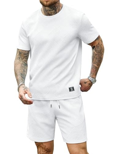 JEMLDL Mens 2 Piece Set Short Sleeve T-Shirt Shorts Summer Jacquard White Outfits Casual Lounge Wear Spring Clothes XL - Image 1