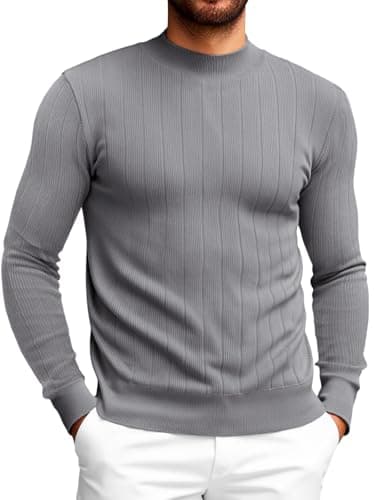 Runcati Mens Mock Turtleneck Sweater Slim Fit Casual Ribbed Knitted Pullover Fall Winter Basic Warm Sweaters Gray - Image 1