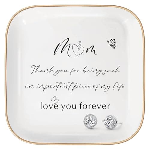 KONROOWEI Birthday Gift for Mother from Daughter, Mother's Day,Thanksgiving, Gift for Mom Ceramic Ring Dish Decorative Jewelry Tray (white-MOM)