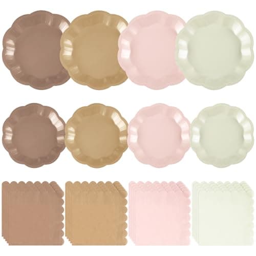 NatNarr Brown Plates and Napkins Set, Boho Baby Shower Decorations Include 7" & 9" Scalloped Gradient Brown Plates, Napkins for Wedding, Baby Bridal Shower, Birthday - Image 1