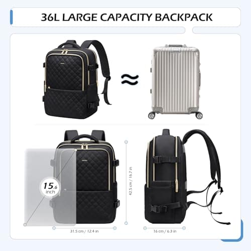 MDODO Travel Backpack for Women Men - Large Carry On Luggage Laptop Backpack Lightweight Daypack Waterproof Causal Bookbag Computer Backpack for College,Travel,Work,Fits 15.6Inch, 36L, Black - Thumbnail 4