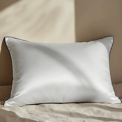 Mellanni Pure Silk Pillowcase Standard Size - Perfect for Hair and Skin, Preventing Wrinkles - Easy Care - Naturally Cooling Silk Pillow Cover with Hidden Zipper (Standard, White, Black Piping) - Image 1