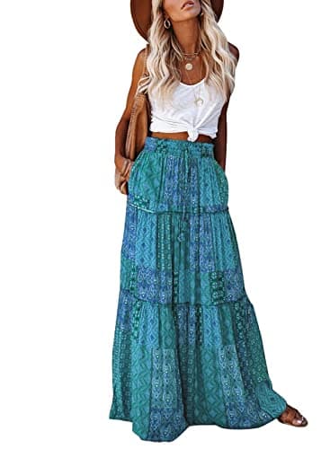 EARKOHA Womens Casual High Waist Tie Paisley Print Long Maxi Skirt with Pockets Green S - Image 1