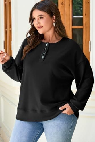 AlvaQ Plus Size Oversized Sweatshirts for Women Fall Fashion 2025 Loose Long Sleeve Button Up Hoodies Henley Tops Black Large - Thumbnail 4