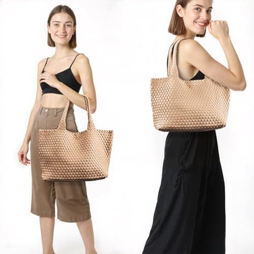 Woven tote Bag for Women, Large woven handbag Shoulder Bag Soft Vegan Leather with Inner Zipper Pouch Khaki - Thumbnail 2