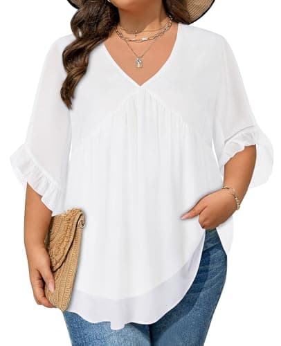 Plus Size White Outfits for Women 2025 Fall Tunic Tops Fit 3/4 Sleeve V Neck Shirts Fashion Soft Chiffon Blouse Tunic Casual Teacher Oufits Interview Tops Work Professional Double Layer White, 4XL - Image 1