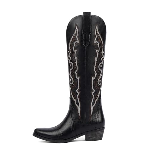 QIY Black Knee High Cowgirl Cowboy Boots for Women Cowgirl Rhinestone Sparkly Western Embroidered Tall Cowboy Boots Womens with Chunky Low Heel Pointed Almond Toe Side Zipper Black Size 8.5 - Image 1