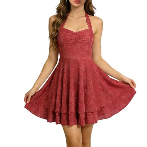 Mogancaiyi Sparkly Halter Dress for Women, Sleeveless Cocktail Party V Neck Sparkling Dresses Women's Evening Clubwear (US, Alpha, X-Large, Regular, Regular, Wine Red) - Image 1
