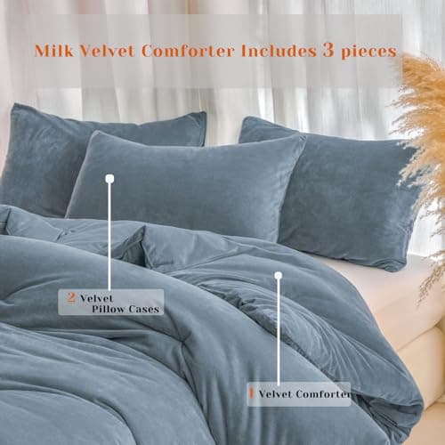 Hailyuwl Velvet Comforter Set Twin Size, Grey Blue Fluffy Velvet 3 Piece, Soft Breathable Luxury Winter Warm Bedding Sets, with 1 Cozy Comforter, 2 Pillow Shams - Thumbnail 6