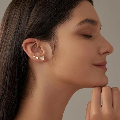 ALEXCRAFT Small Gold Stud Earrings for Women Cubic Zirconia Earring Studs Cute 14k Gold Plated Heart Flower Earing Pack 6 Pairs - Thumbnail 5