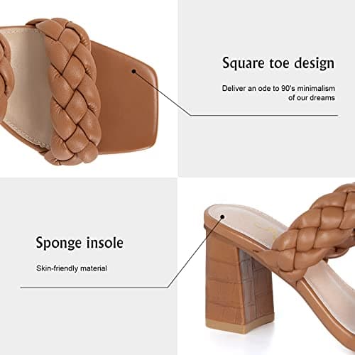 Athlefit Braided Heeled Sandals for Women Fashion Square Open Toe Comfortable Slip on Block Tan Heels Size 5.5 - Thumbnail 5