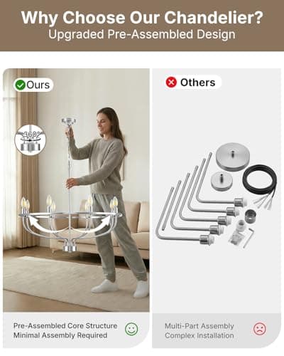 YUNNIX 8 Light Brushed Nickel Chandelier for Dining Room, 30 Inch Wagon Wheel Light Fixture, UL Whole Fixture, Silver Modern Farmhouse Candelabra Chandelier with Chain for Living Room, Entrance, Foyer - Thumbnail 4