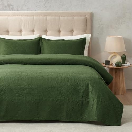 Hansleep Olive Green Quilt Twin Size - Baroque Ultrasonic All Season Bedspread Twin, Soft Lightweight Coverlet Bedding Set, 2 Pieces (1 Quilt, 1 Pillow Sham) - Thumbnail 2