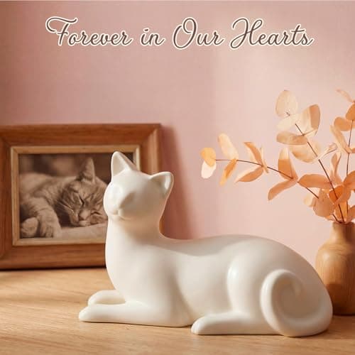 COSOWO Lying Cat Cremation Urn for Cats, White Ceramic Pet Memorial Urn for Cat Ashes, Keepsake Urn for Loss of Beloved Cat, Cat Remembrance Gift, White - Thumbnail 5
