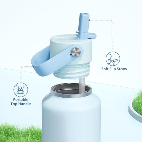 POWCAN 24 oz Insulated Travel Water Bottle for: Leakproof, BPA-Free, Top Handle, Stainless Steel Water Bottle with Straw for School, Outdoors, Camping, Sport, Hiking, Biking, Playground (Sea Breeze) - Thumbnail 4