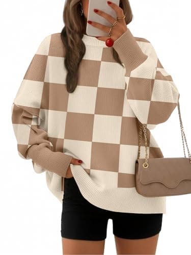 EFAN Women's Oversized Sweaters 2026 Fall Trendy Crewneck Batwing Sleeve Chunky Knit Long Pullover Cute Tunic Tops Dress Winter Clothes Cashmere Fashion Outfits Ladies Clothing Khaki Plaid L - Image 1