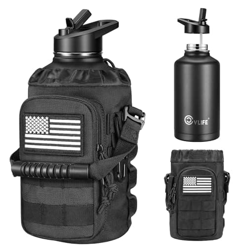 CVLIFE Half Gallon Water Bottle with Straw, 64 oz Insulated Stainless Steel Water Jug, Battle Sports Bottle with Bottle Pouch, Durable Handle, Removable Sleeve for Gym, Hiking, Camping (Black 2 Liter) - Image 1
