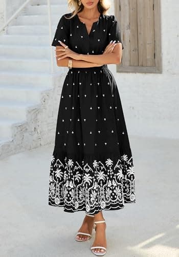 BTFBM Womens Summer Dresses 2026 Casual Short Sleeve Elastic Waist Flowy Beach Vacation Floral Boho Maxi Dress Pockets (Black White Flower, Small) - Thumbnail 6