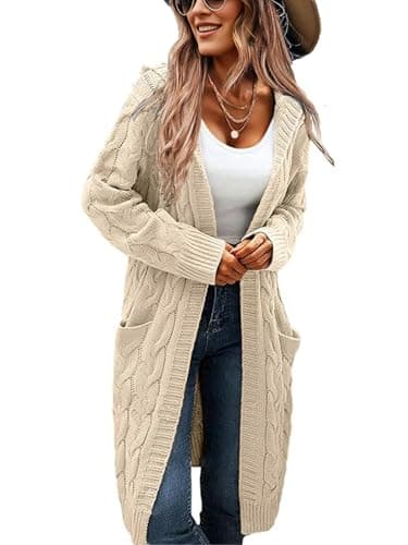 XINWEIZZ Women's Hooded Open Front Long Cardigan Cable Knit Sweaters Side Pocket Oversized Chunky Cardigan Outwear Coat Beige - Image 1