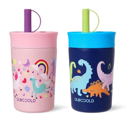 DLOCCOLD 12 oz Insulated Stainless Steel Straw Tumbler, Reusable Sippy Cup With Leak-Proof Spill Resistant Flexible Straw Lid, Cups, Easy to Clean, Water Bottle, Great for Travel, Home (2 Pack)