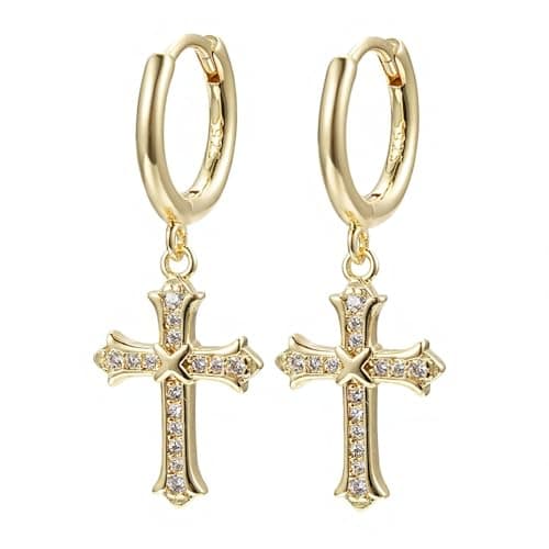 YOLYMODA Cross Dangle Drop Earrings for Women Men - Trendy Dainty 14K Gold Plated Dangly Huggie Hoop Earrings with Sparkling CZ, Chic Faith 925 Sterling Silver Post Jewelry Gift, 1.16" Long - Image 1