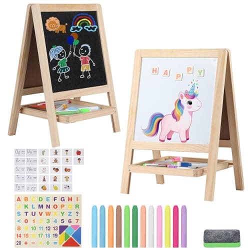 Tabletop Painting Wooden Art Easel for Kids - 4-in-1 Double-Sided Drawing Board for Toddlers 2-4, Chalkboard & Dry Whiteboard with Markers, Eraser, Magnetic Letters/Numbers & Flashcards - Image 1