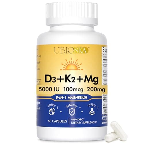 UBIOSKA Vitamin D3 K2 Magnesium Supplement – 5000 IU D3 + MK-7 K2 with 8-Form Magnesium (Glycinate, Taurate, Malate) for Calm Sleep, Stress Relief, Mood Balance & Strong Bones – 60 Capsules - Image 1