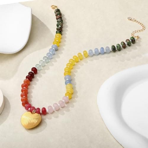 LCTrusttmor Gahna Colorful Boho Beaded Necklace for Women, Shell-Shaped Multilayer Gemstone Choker Jewelry, 18K Gold Plated Natural Stone Beach Surfer Necklace - Thumbnail 5
