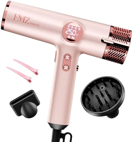 FMZ Professional Hair Blow Dryer with Smart Display, 1875W High Speed BLDC Motor for Fast Drying, Portable Mini Lightweight Quiet, Pink Curly Ionic Diffuser HairDryer for Women Girls Teen Salon Travel - Image 1
