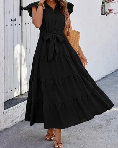 dowerme Women Summer Dress 2025 Cap Ruffle Sleeve V Neck Button Up High Waist Belted Tiered Boho Flowy Long Sun Dresses(Black,Medium) - Thumbnail 4